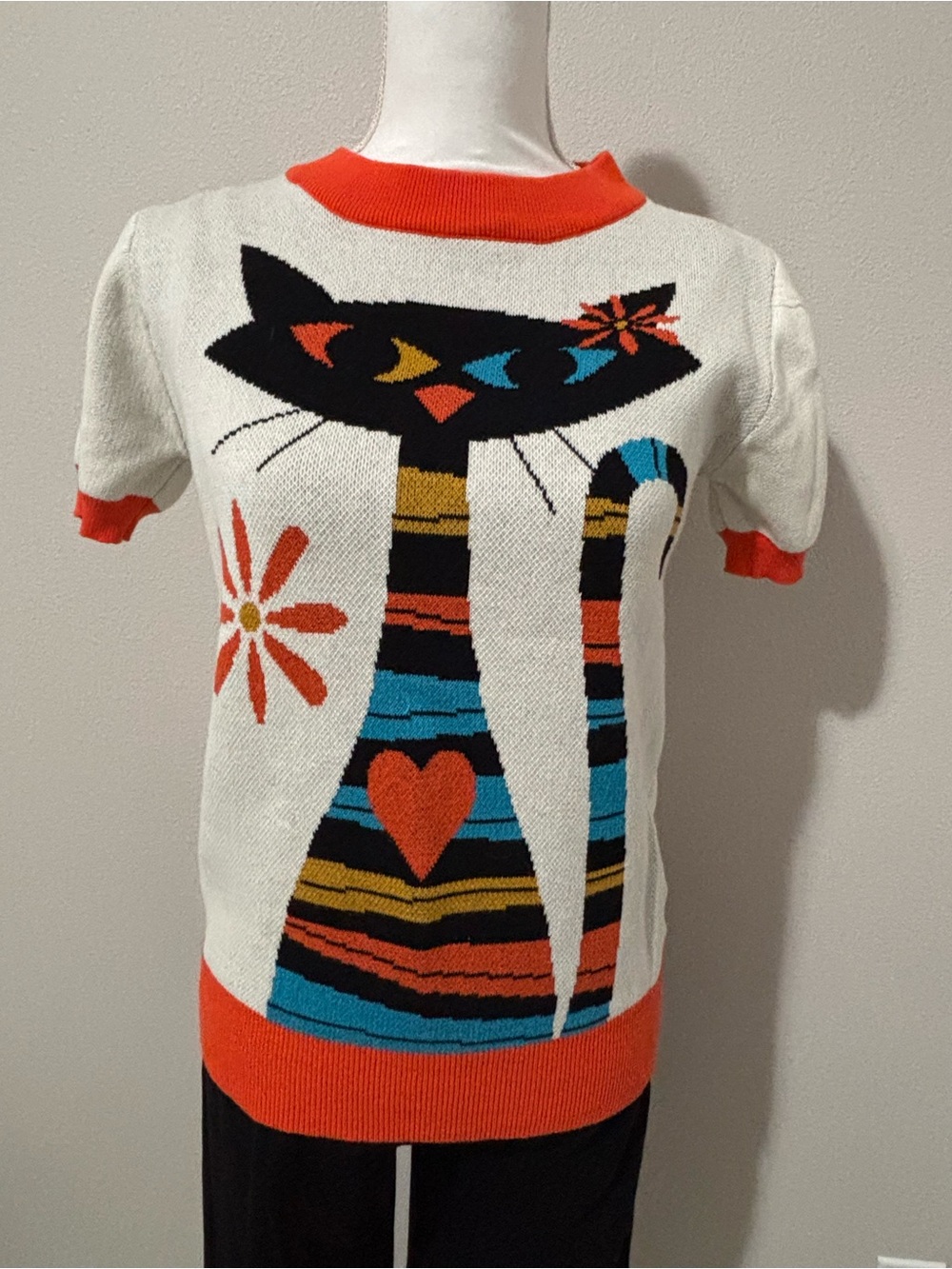 OXKNIT 70s Mid Century Retro Cat Short Sleeve Knit Sweater Top Orange White M